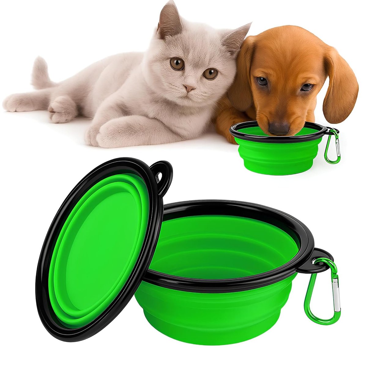 Kanji Katlanabilir Silikon Mama ve Su Kabı – 350 ML - Yeşil, Askı Aparatlı, Taşınabilir, Katlanabilir Pet Mama Kabı – Kedi ve Köpekler İçin Seyahat Dostu Mama Kasesi