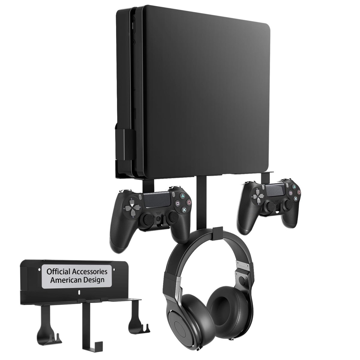 Wall Mount for PS4 Slim, PS4 Slim Wall Mount with Detachable 2 Controller Holder  Headphone Hanger,