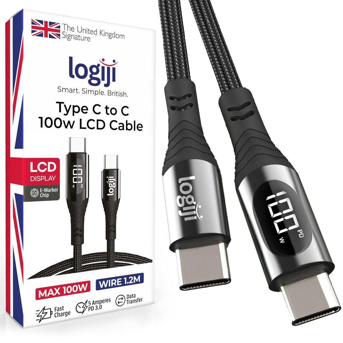 logiji 100W Type-C to Type-C Dijital LED Ekranlı Göstergeli Hızlı Şarj Kablosu E-Mark Çipli, Dayanık