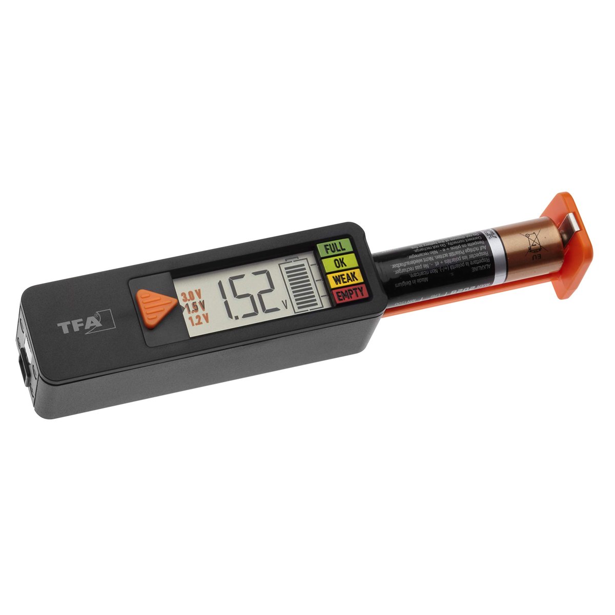 TFA Dostmann Pil test cihazı BatteryCheck, 98.1126.01, piller ve aküler için (AAA,AA,C, D), düğme pil, blok pil, şarj durumu/Volt göstergesi, kolay ve hızlı, siyah