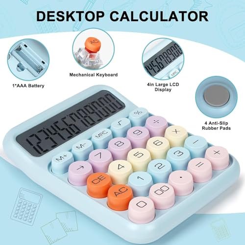 Valkyrie Renkli Çok Şirin 12 Hane Mekanik Hesap Makinası Büyük Ekranlı 4 Fonksiyonlu Ev Ofis Okul Mavi