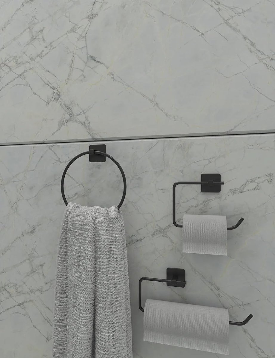 Alper Banyo 3’lü Siyah Banyo Seti, Yapışkanlı ve Vidalı Montajlı Havluluk, Tuvalet Kağıtlığı, Yuvarl
