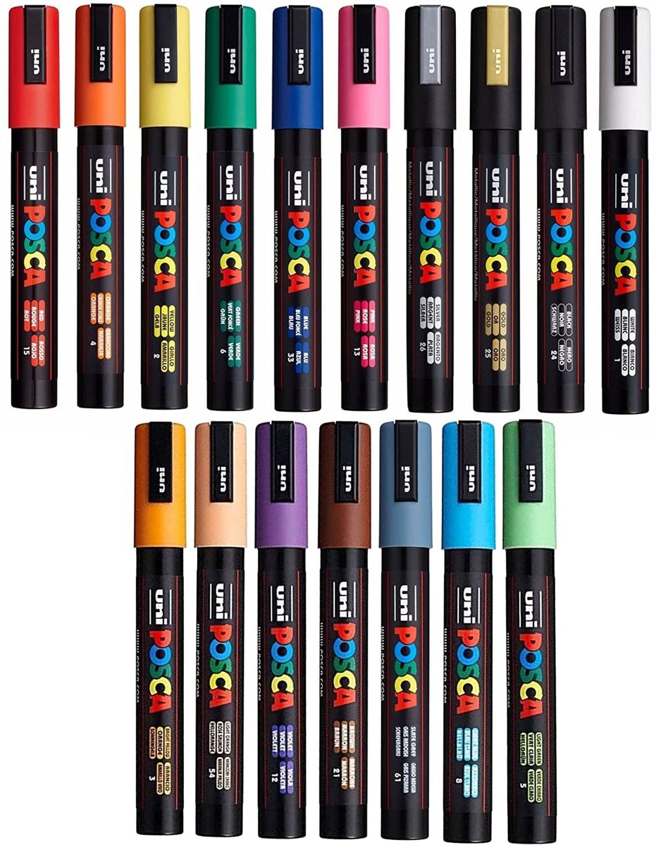 Uni POSCA PC-5 M - 17 Set - Su Bazlı Pigment Mürekkep İşaretleyici, Uç 2,5 mm