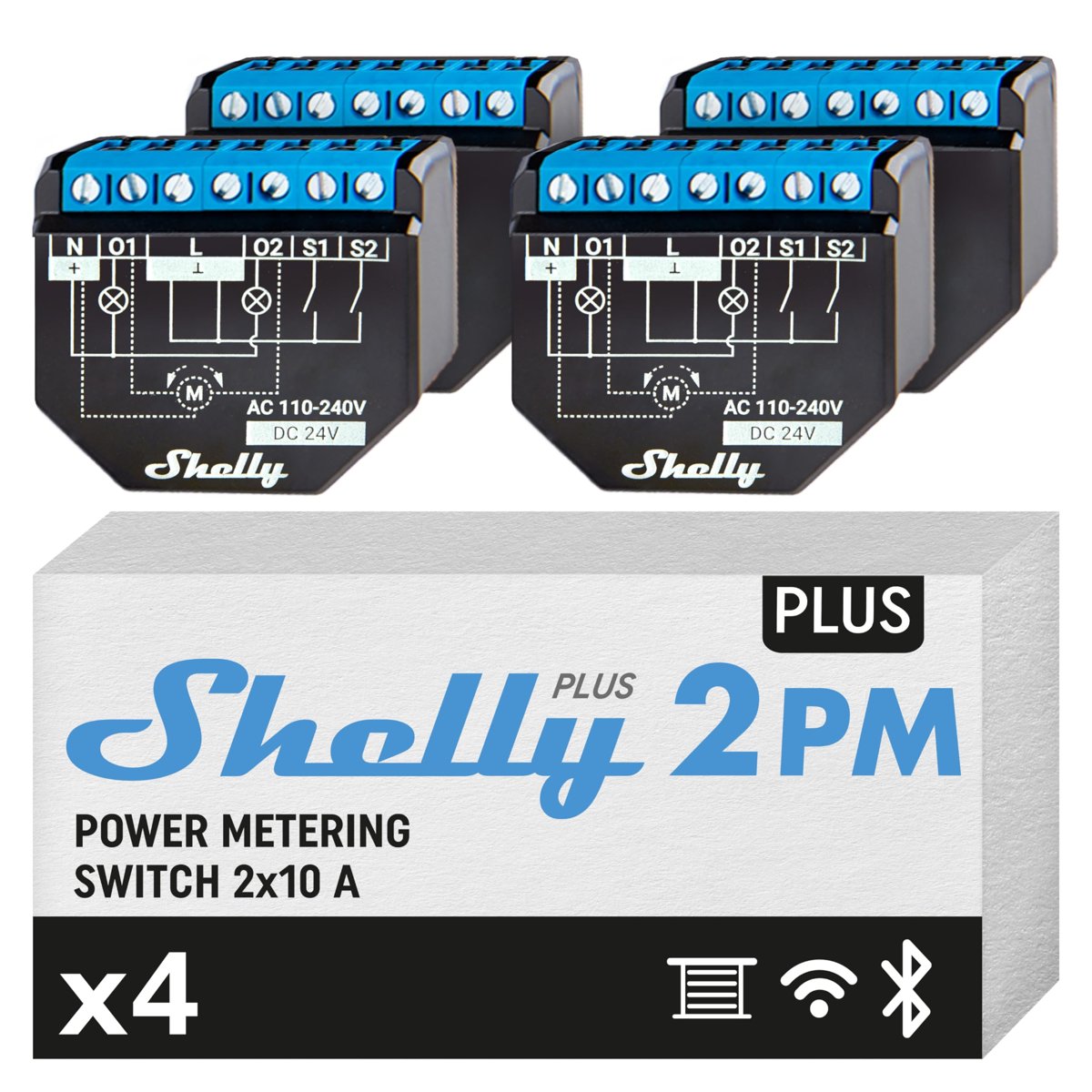 Shelly Plus 2PM | Wi-Fi ve Bluetooth 2 Kanallı Akıllı Röle Şalteri | Güç Tüketimi Ölçümlü Panjur Şalteri | Ev Otomasyonu | Google Home Alexa Aksesuarı | iOS Android Uygulaması (4'lü Paket)