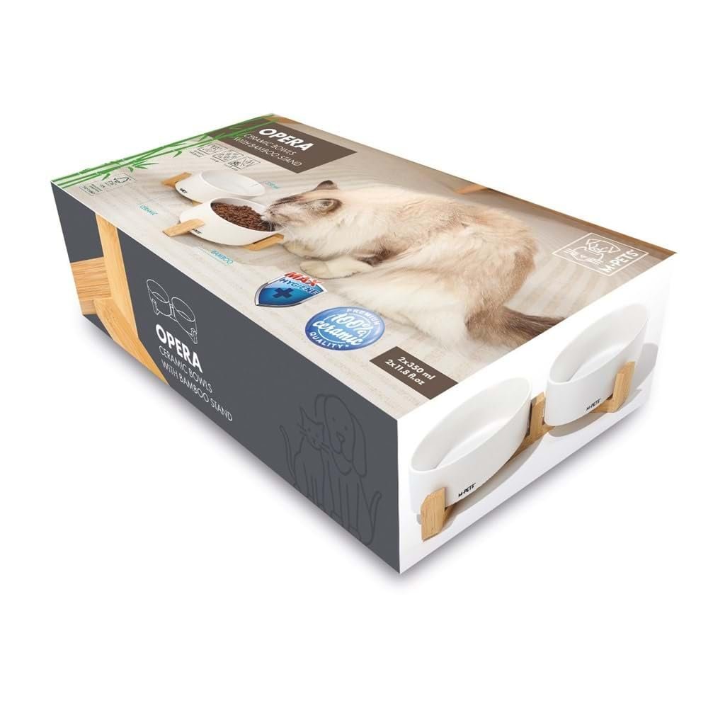 M-PETS OPERA SERAMİK MAMA KABI BAMBOO STANDLI 2X350ML WHİTE