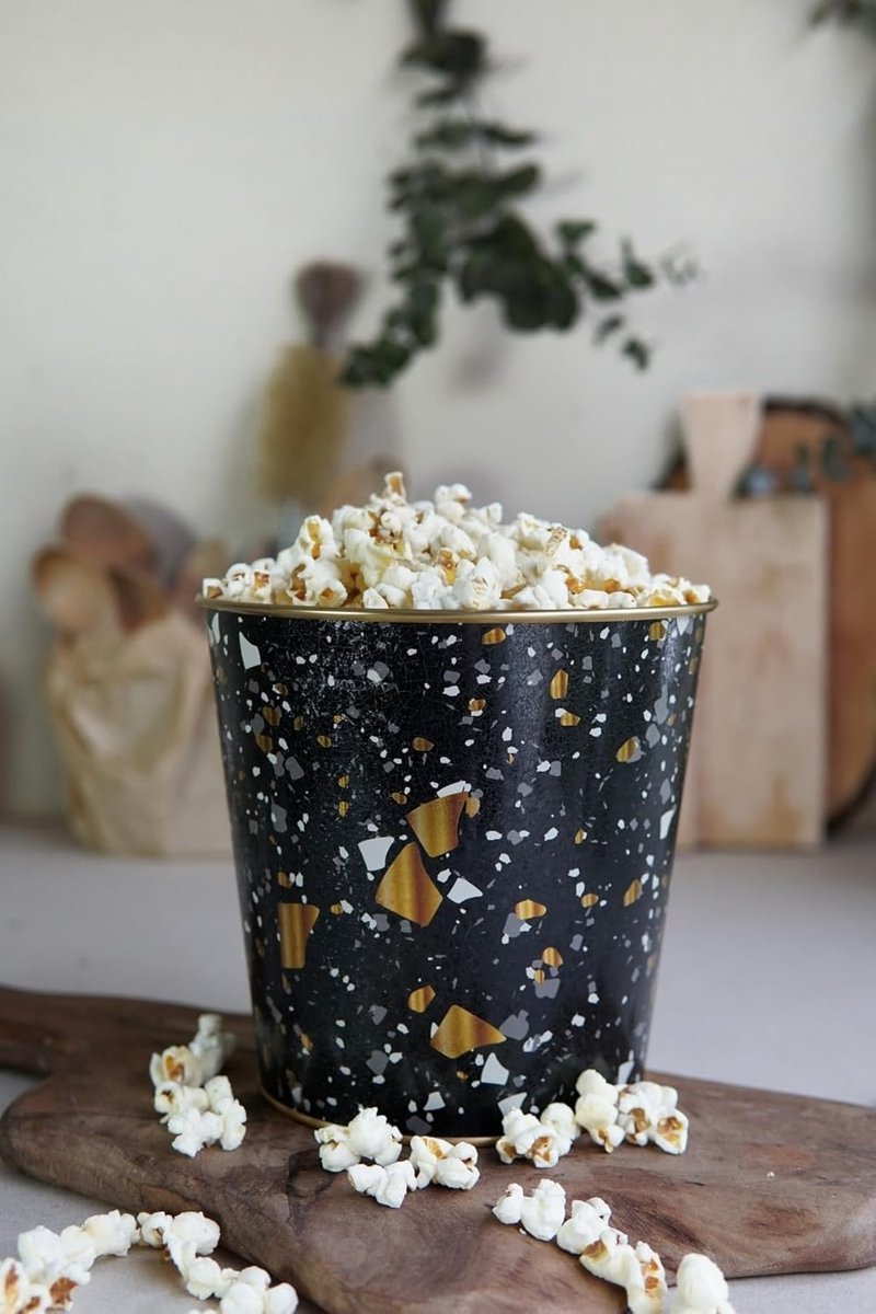 EVLE-Metal Popcorn Kutusu - Patlamış Mısır Kovası 13.5 Cm, Terrazo (Terrazzo Black)