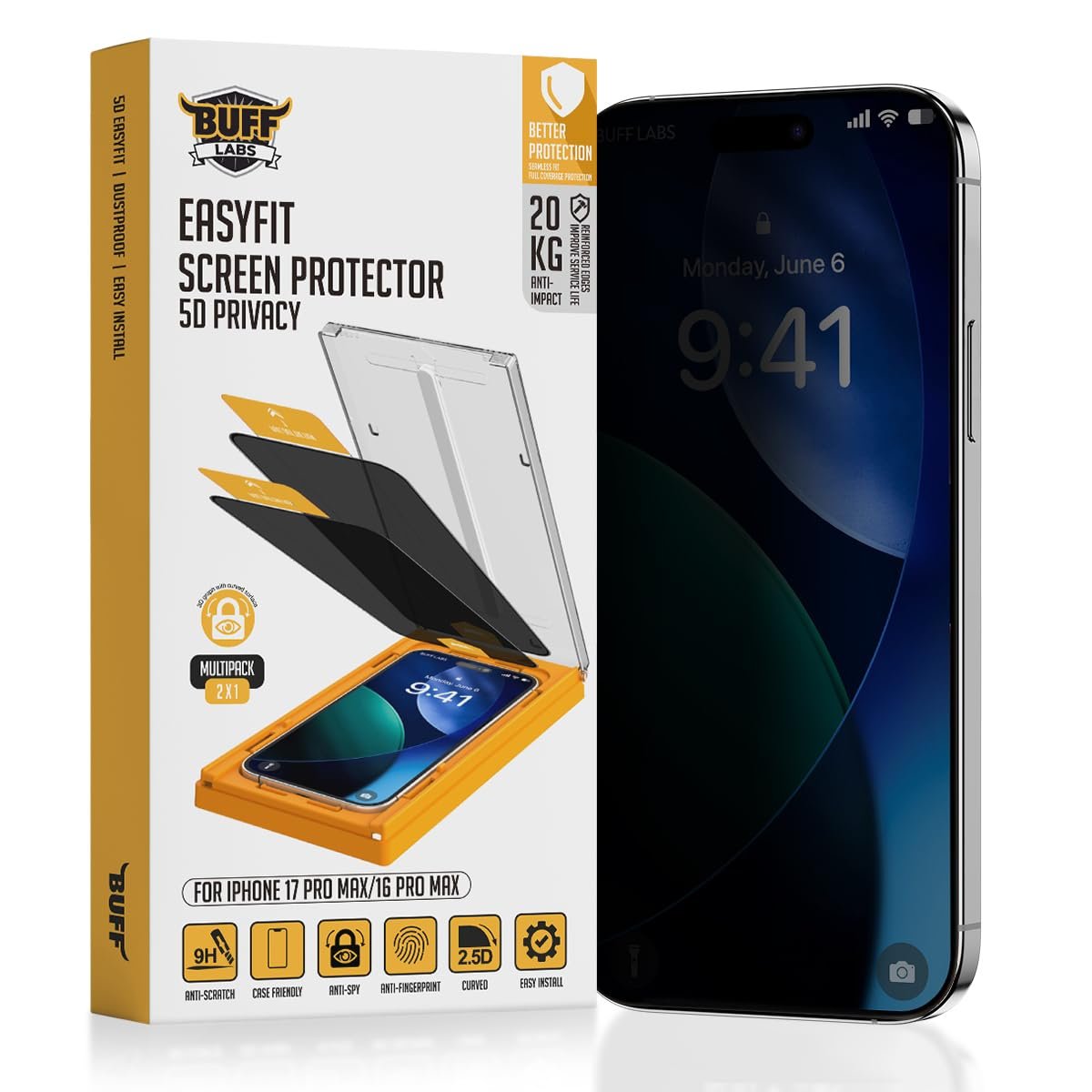 BUFF LABS 5D Privacy EasyFit 2 Adet Kolay Uygulama Aparatlı Ekran Koruyucu Temperli Hayalet Ekran Cam (iPhone 17 Pro Max / iPhone16 Pro Max)