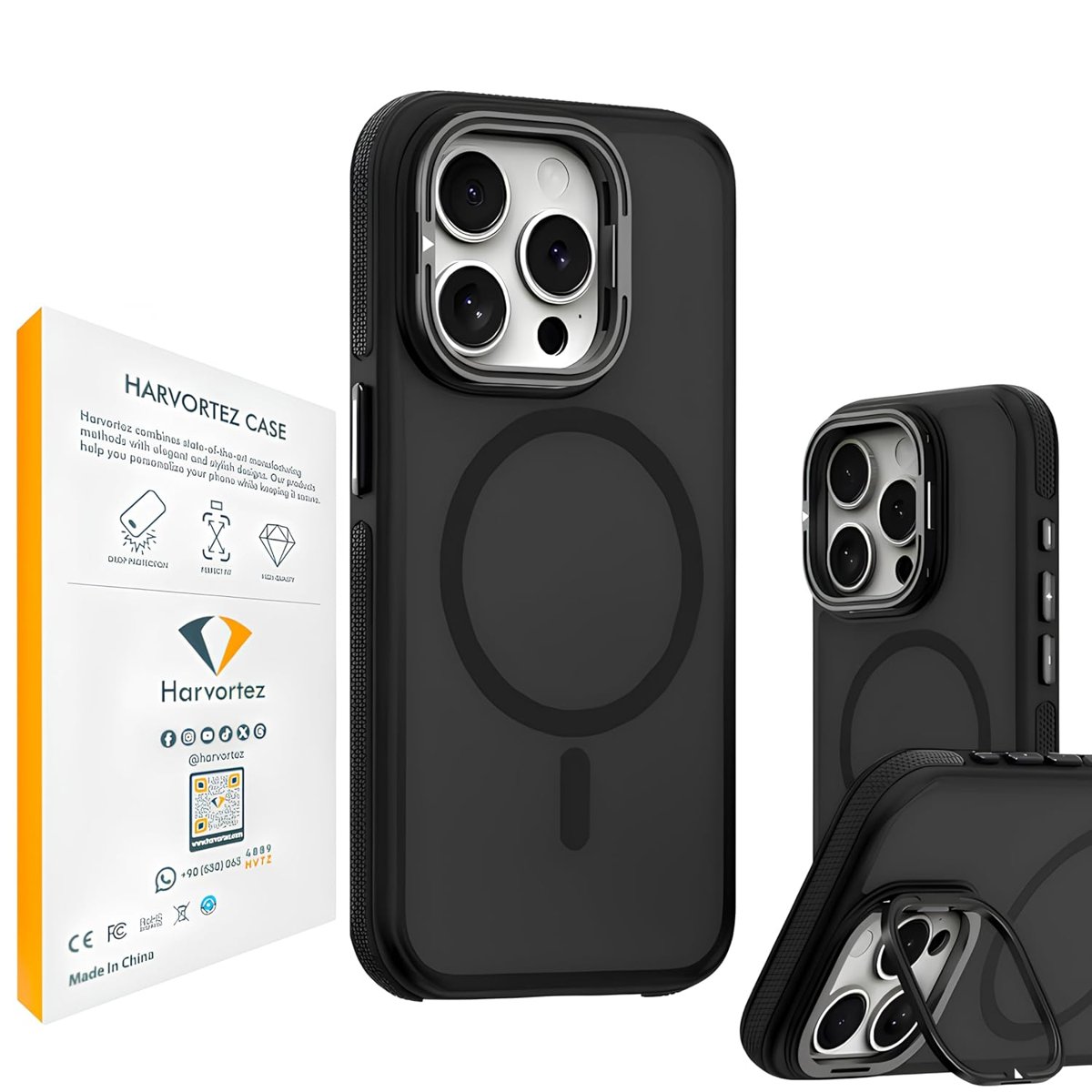 HARVORTEZ iPhone 13/14 Kılıf MagSafe Uyumlu, Güçlü Manyetik Cep Telefon Kılıfı, Metal STANDLI, Mat Darbe Emici Kapak, Alüminyum Tuşlar ve Kaydırmaz Yan Şeritlerli Phone Case - Siyah