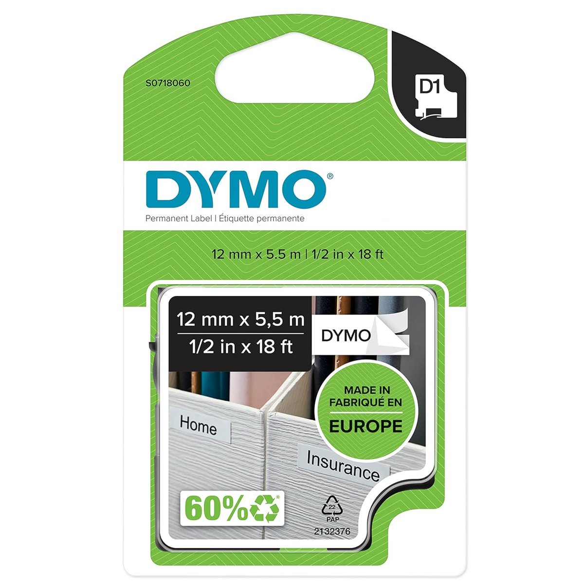 Dymo S0718060, Yüksek Performans Kalıcı Polyester (12 mm x 5,5 mt), Siyah/Beyaz (16959)