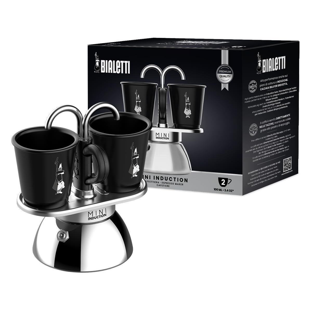 Bialetti - Set Mini İndüksiyon: Ocak Üstü Espresso Pişirici + 2 Cups - İndüksiyon Ocak Türleri İçin Uygundur