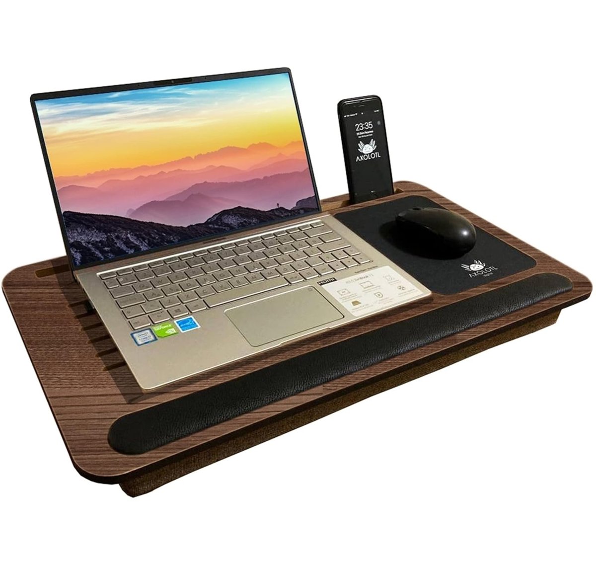 Axolotl Telefon Ve Tablet Bölmeli Minderli Laptop Sehpası Notebook Bilgisayar Çalışma Masası, Antik Meşe