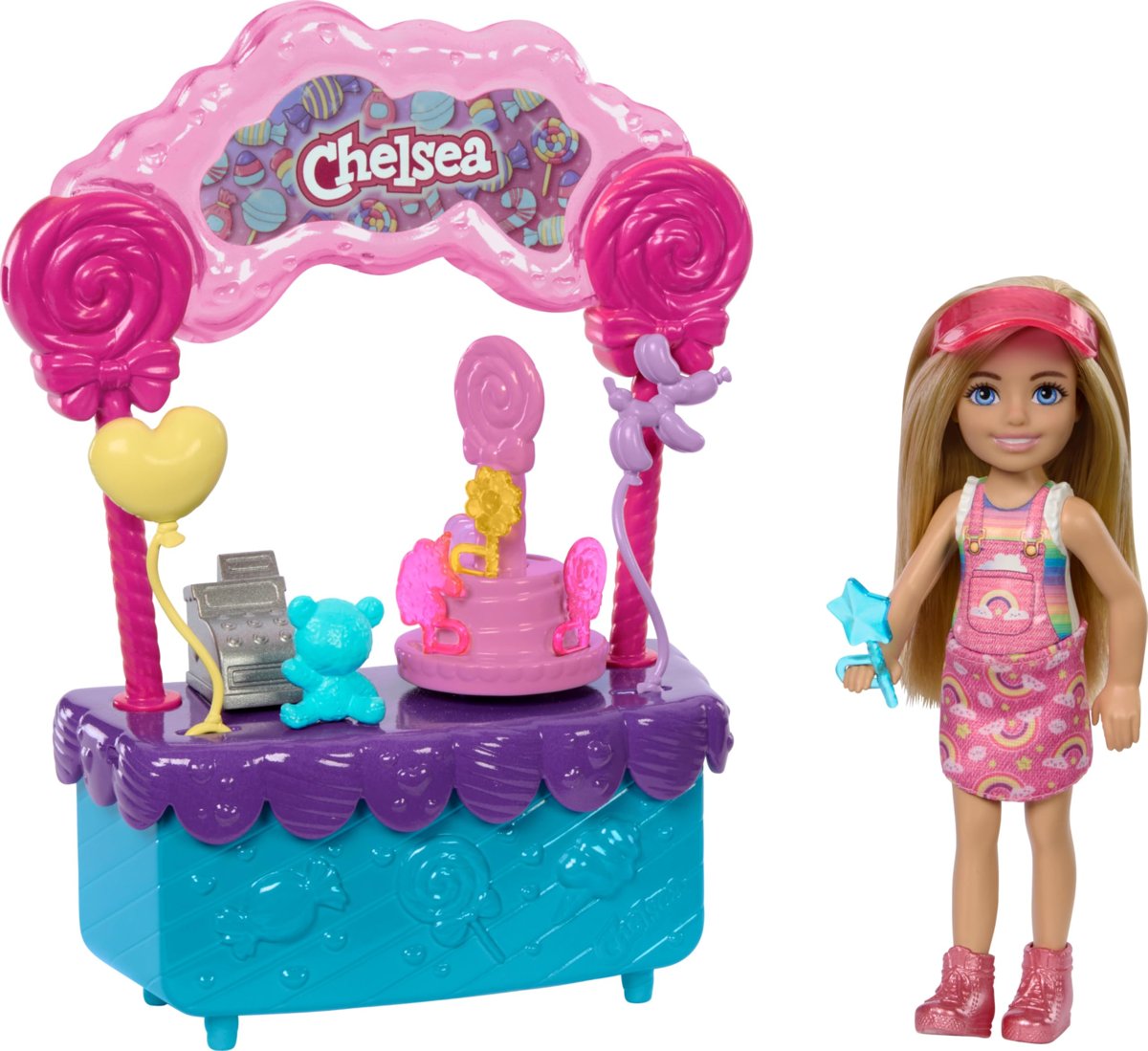 Barbie Chelsea'nin Şeker Dükkanı Oyun Seti Barbie Chelsea ve lolipop standı, aksesuarlar içeren 10 p