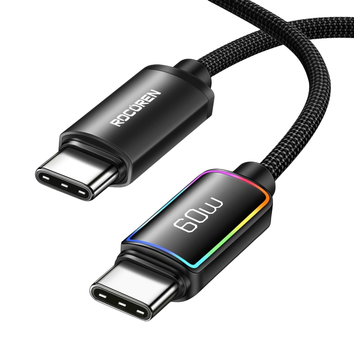 Rocoren 60W Type-C to Type-C RGB Aydınlatmalı Örgülü Şarj ve Data Kablosu 1 Metre