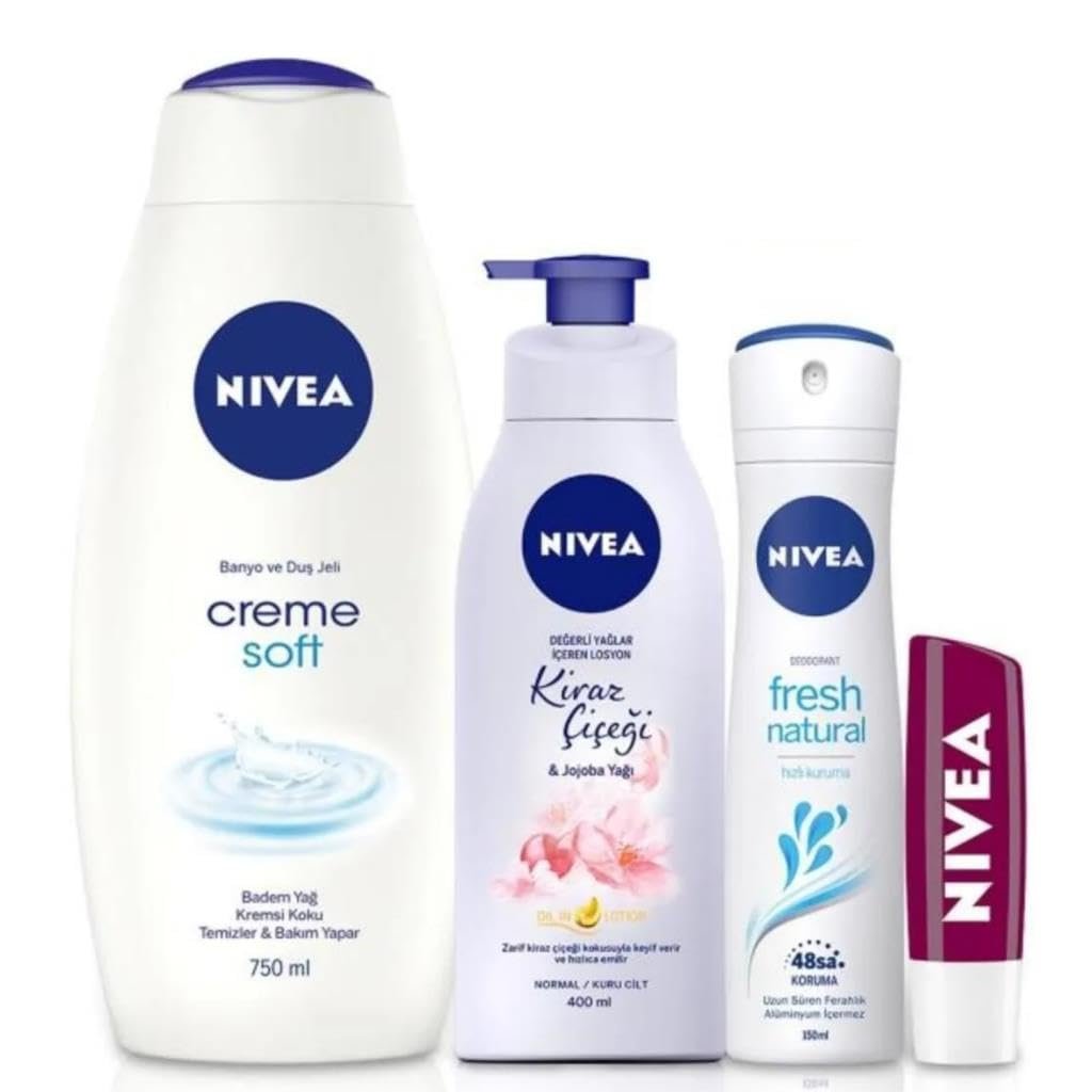 NIVEA Banyo Seti,Cream Soft Duş Jeli 750 ml,Fresh Natural Kadın Deodorant 150 ml,Vücut Losyonu 400 m