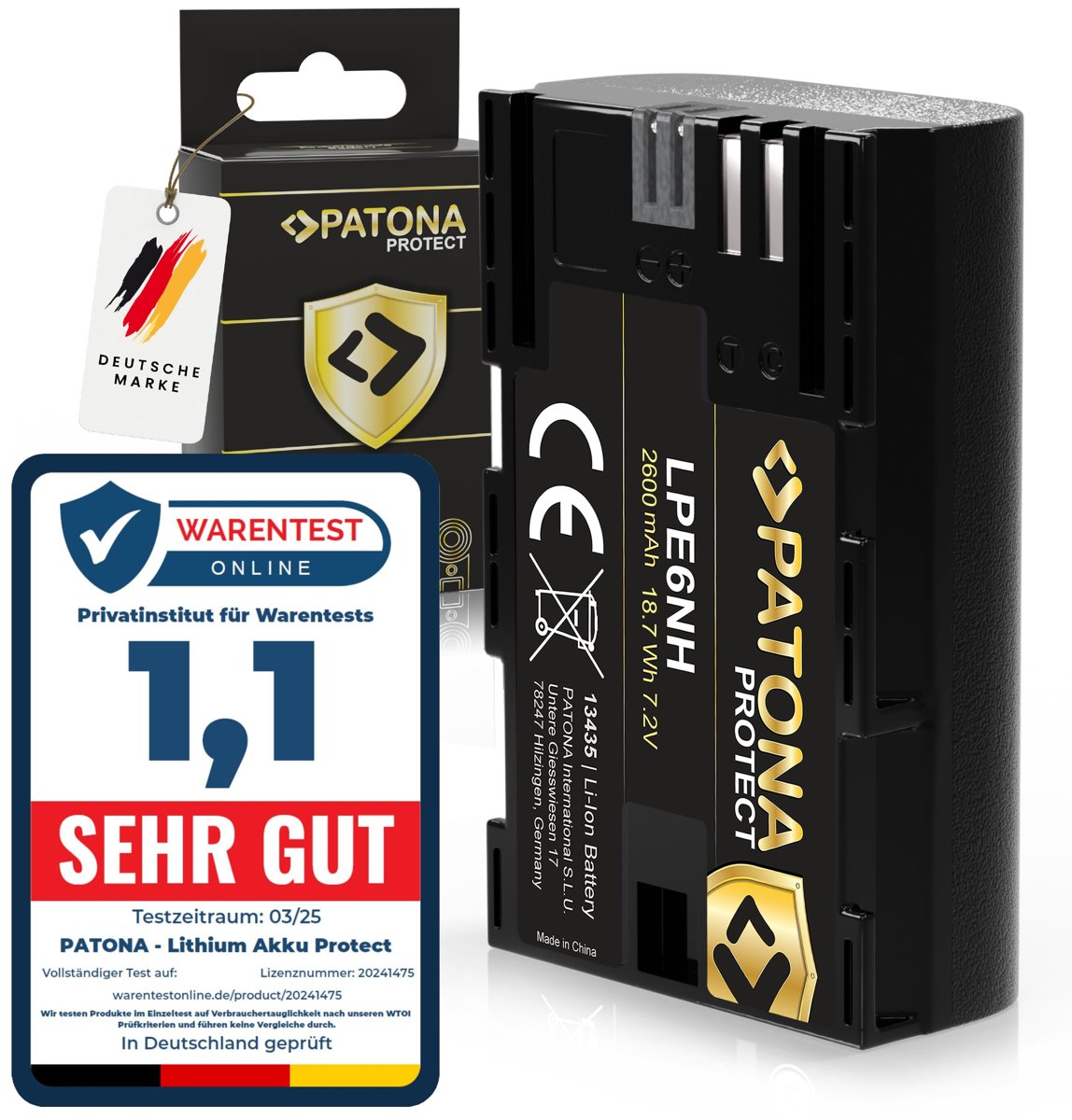 PATONA Protect V1 LP-E6NH pil 2250 mAh 16.2 Wh 7.2V kaliteli pil, NTC sensörlü ve V1 muhafazalı, akı