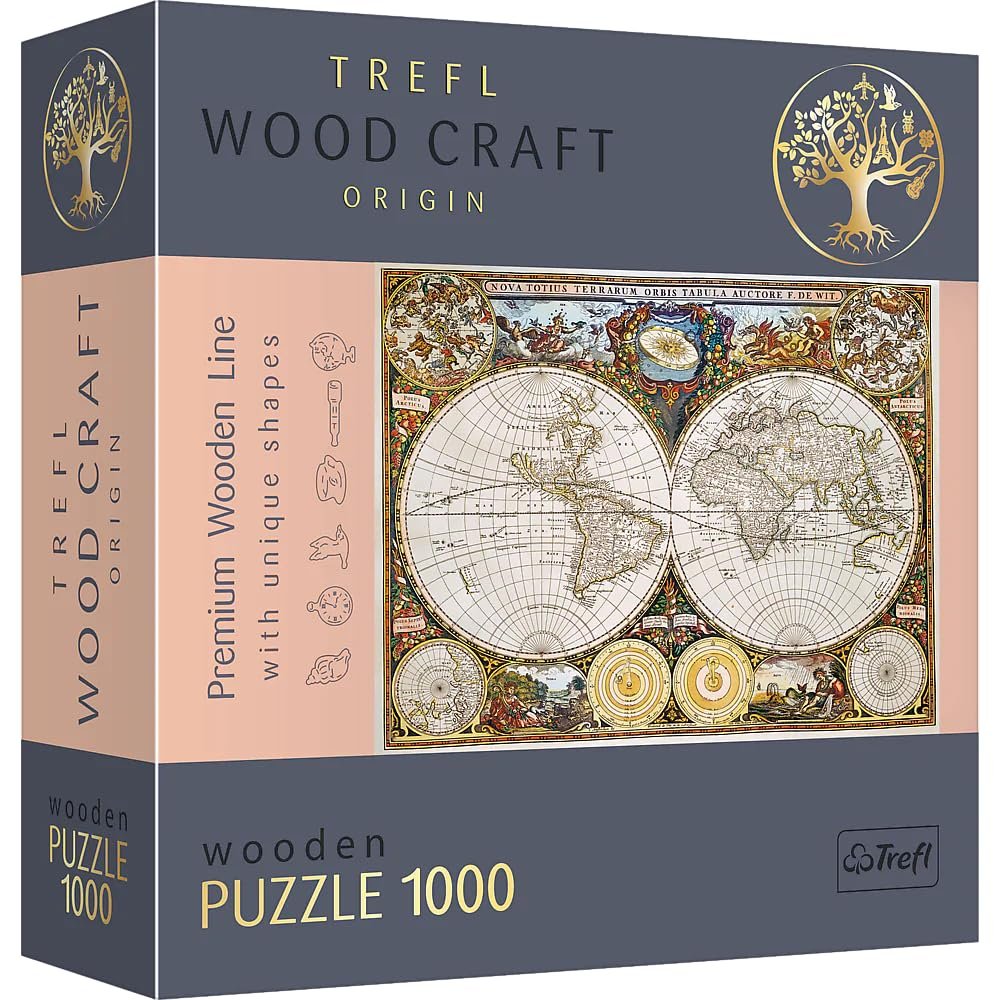 Trefl - Woodcraft 1000 Element, Ahşap El Sanatları, Düzensiz Şekiller, 100 Seyahat Karakteri, Modern Premium, Kendin Yap, Yetişkinler ve Çocuklar İçin 12 Yaşındaki Bulmaca, Antik Dünyanın Renkli Haritası
