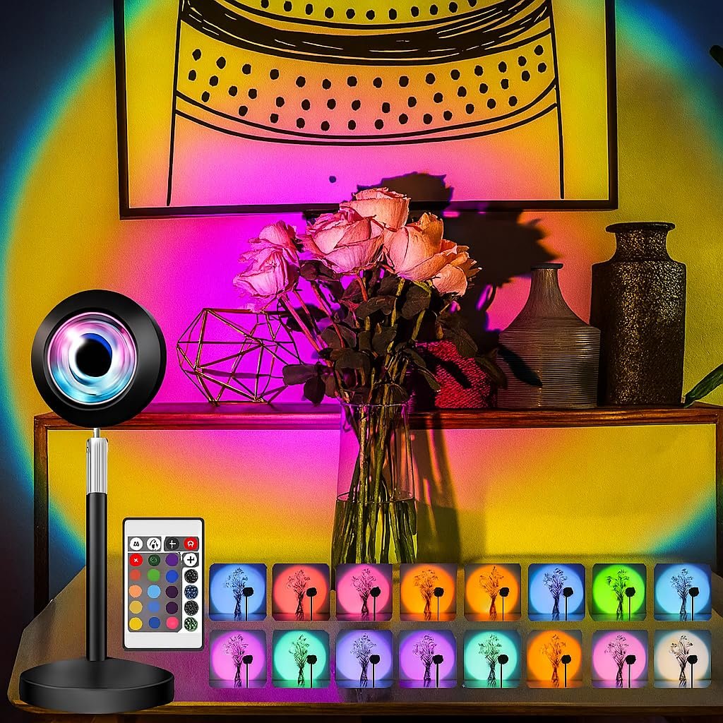 Kyrotech RGB Sunset Gün Batımı Projektör, 16 Renk Modlu, LED Ambiyans Işığı, HD Kristal Lens, 360° Döner Başlık, Uzaktan Kumandalı, Ayarlanır Parlaklık, Fotoğraf ve Sosyal Medya İçin Dekoratif Lamba