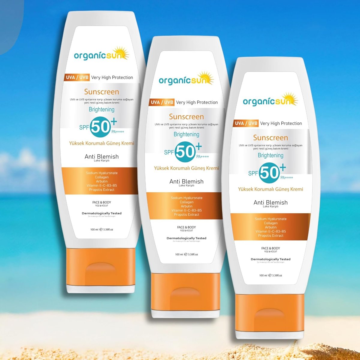 Organicsun Spf 50+ Yüz ve Vücut Güneş Kremi 100ML 3'lü Set – Leke Karşıtı, Yüksek Korumalı, Suya Dayanıklı, Her Cilt tipine uygun, Vegan