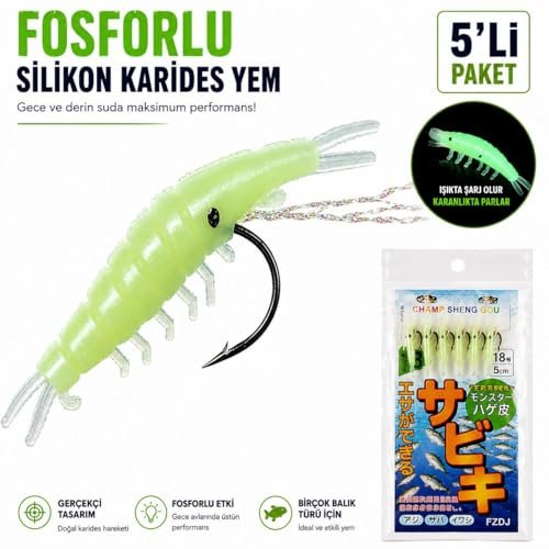 Valkyrie Fosforlu Silikon Karides Yem 5’li İğne x 5 Paket Hazır İğneli Gece Parlayan LRF Olta Yemi