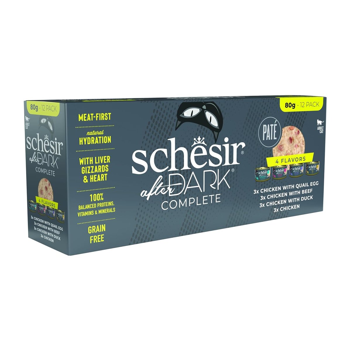 Schesir After Dark Tavuk&Bıldırcın Yumurtası&Sığır&Ördek Et Suyunda Pate Yetişkin Kedi Konservesi Çeşit Paketi 12x80g