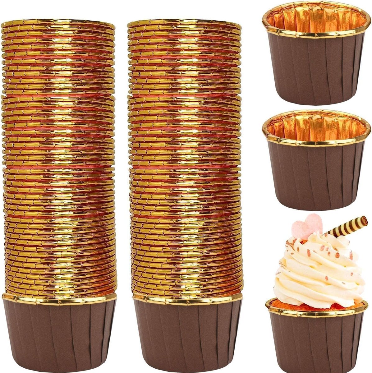Dolphin 25li Muffin Kalıbı - Cupcake kalıpları, Su Geçirmez ve Yağ Geçirmez Pişirme Kağıtları, Ev veya Parti İçin Alüminyum Folyo Pişirme Kek Kapları - Kahverengi-Altın