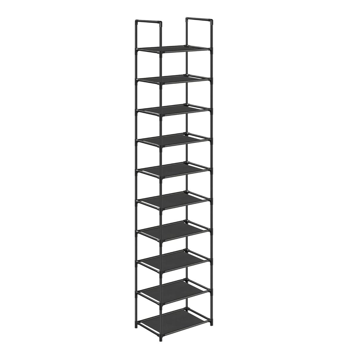 SONGMICS 10 katlı ayakkabı rafı, ayakkabı standı, yerden tasarruf sağlayan ayakkabı saklama, 33 x 33 x 173 cm, metal çerçeve, dokuma olmayan kumaş raflar, koridor, yatak odası, siyah LSR110B02