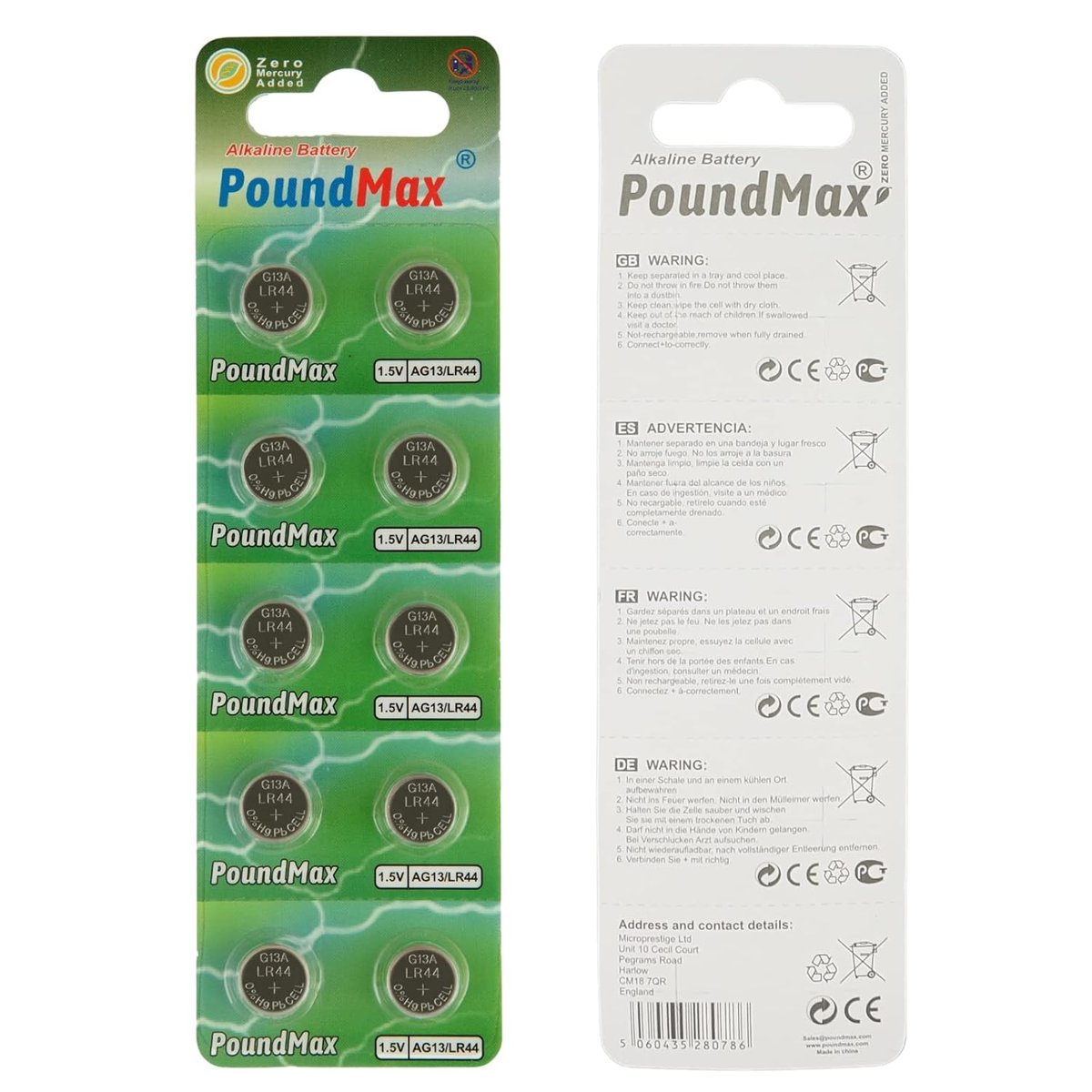 10 Adet LR44 AG13 A76, G13, L1154, SR44, G13A 1,5 V PoundMax Alkalin Düğme Pil Paketi Cıva içermeyen, sızdırmaz, uzun raf ömrü, oyuncaklar, ölçüm cihazları ve hesap makineleri için ile uyumludur