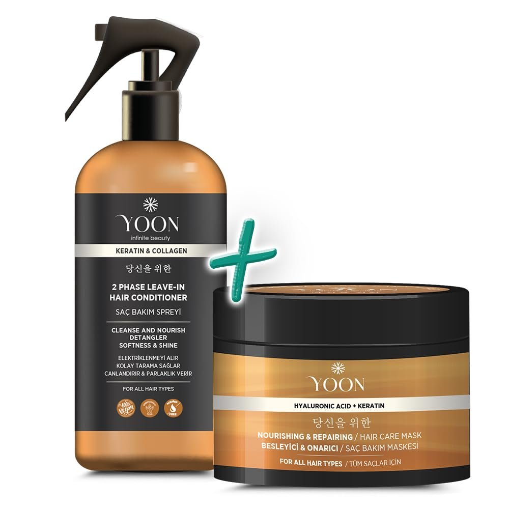 YOON 2'li Vegan Saç Spreyi  Saç Bakım Maskesi 250ml, Hyaluronik Asit, Keratin, Kolajen ve B7 Biotinl
