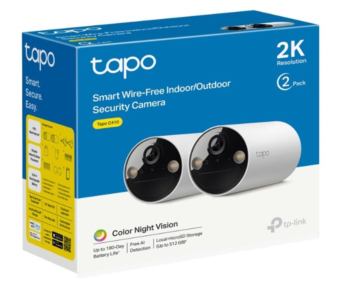 Tapo C410 2-pack, 2K 3MP, Renkli Gece Görüşü, Şarj Edilebilir, Solar Panel Destekli, IP65, Yerel/Bulut Depolama, 110° Açılı, Işıklı ve Sesli Alarm, Kablosuz Bataryalı Güvenlik Kamerası