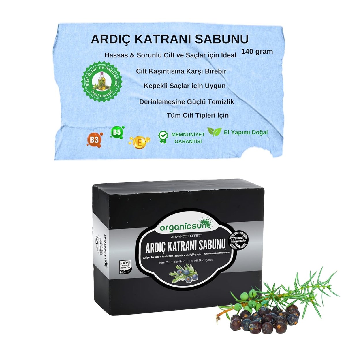 Organicsun Doğal Ardıç Katranı Sabunu 140 Gr 1 Adet Tüm Cilt Tipleri İçin Antiseptik ve Yenileyici Etkili