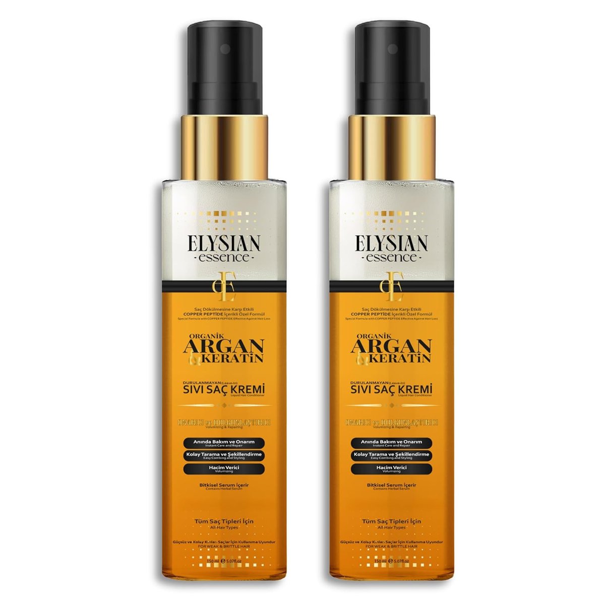 Elysian Essence Organik Argan  Keratin Sıvı Saç Kremi 2'li Set – Durulanmayan, Dökülme Karşıtı, Onarıcı ve Dolgunlaştırıcı Bakım Spreyi 150 ML