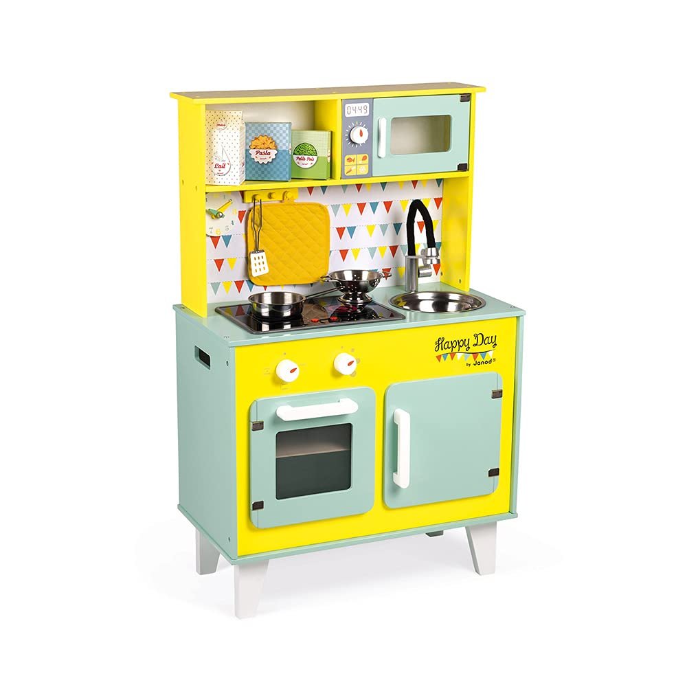 Janod - Büyük Ahşap Oyun Mutfak - Mutlu Günü - Rol Yapma Oyunu Oyuncak Kitchen - - buzdolabı ve mikr