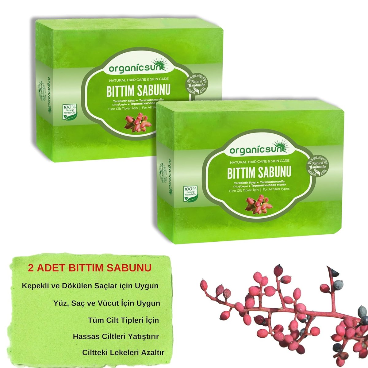 Organicsun Doğal Bıttım Sabunu 140 Gr x 2 Adet Saç Dökülmesine Karşı Tüm Saç ve Cilt Tipleri İçin