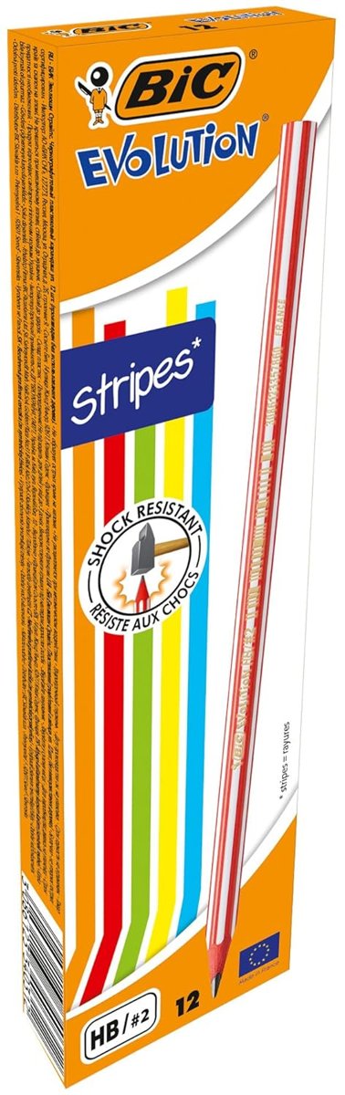 BIC Evolution Stripes Kurşun Kalem 12'li Kutu,Kıymık Oluşturmaz, Çiğnemeye Karşı Dayanıklı, Kolay Aç