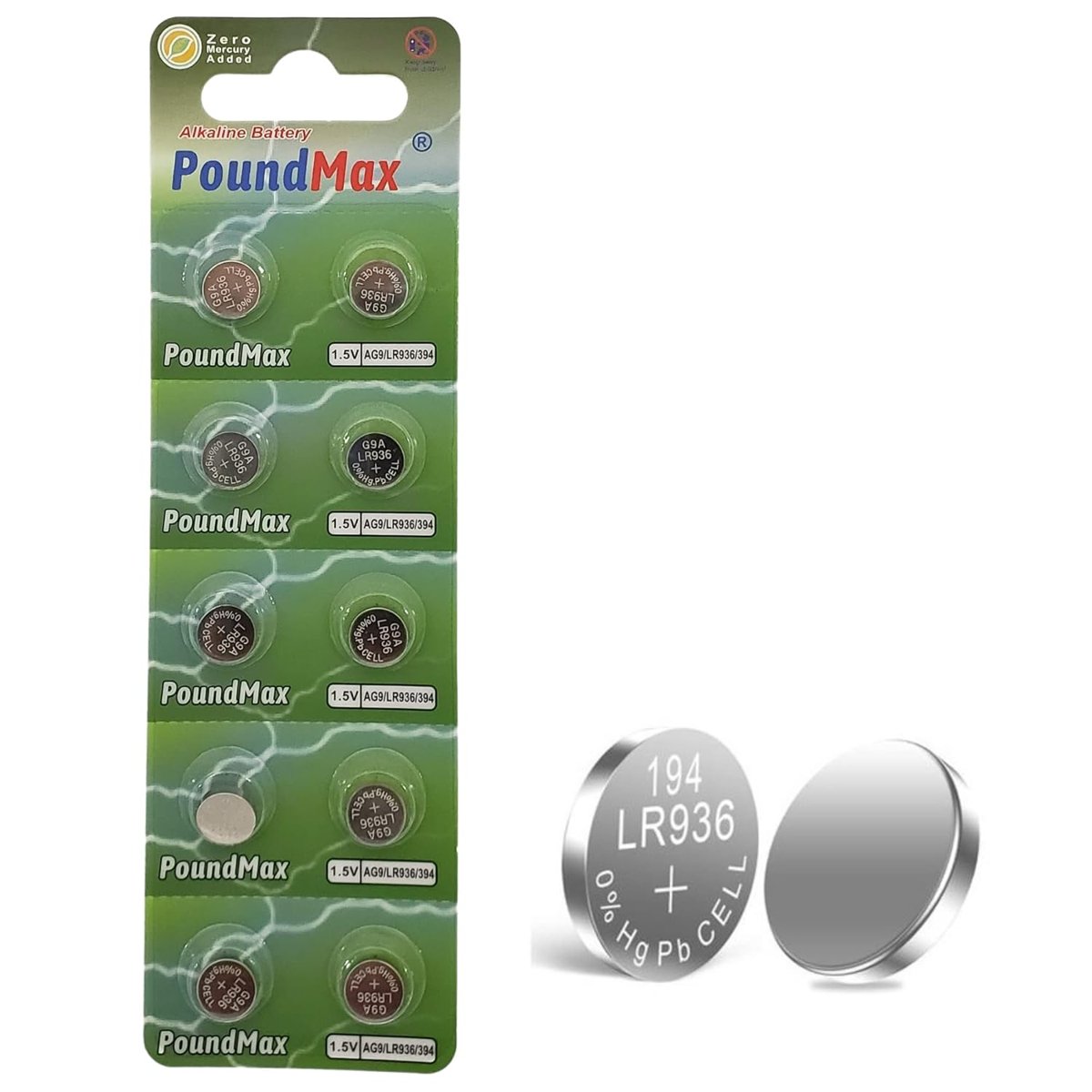 10x AG9 (LR45, LR936, 394) 1.5V - Poundmax alkalin düğme piller | 1x 10'lu paket