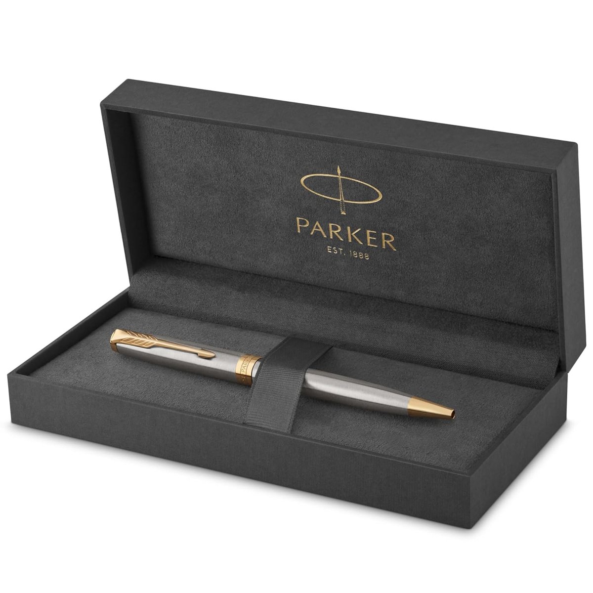 Parker Sonnet Paslanmaz Çelik Altın Tasarımlı Tükenmez Kalem, Orta Kalınlıkta Uç, Mavi Mürekkep