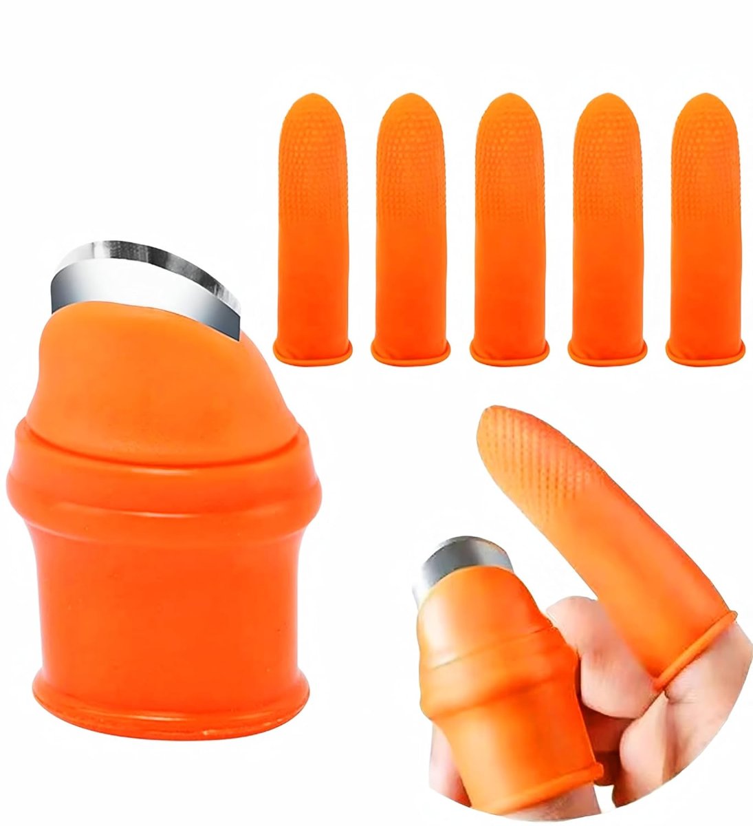 Kyrotech 6'lı Silikon Başparmak Bıçağı ve Kesilmeye Dayanıklı Parmak Kılıfı Seti, Meyve ve Sebze Toplama için Paslanmaz Çelik Kesici, Bahçe Budama Eldiveni Kiti