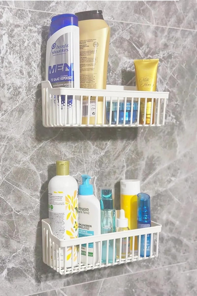 SAFESTORE Yapışkanlı Banyo Rafı 2'li Banyo Düzenleyici Duş Rafı Kanca Askılı Organizer Şampuanlık Plastik