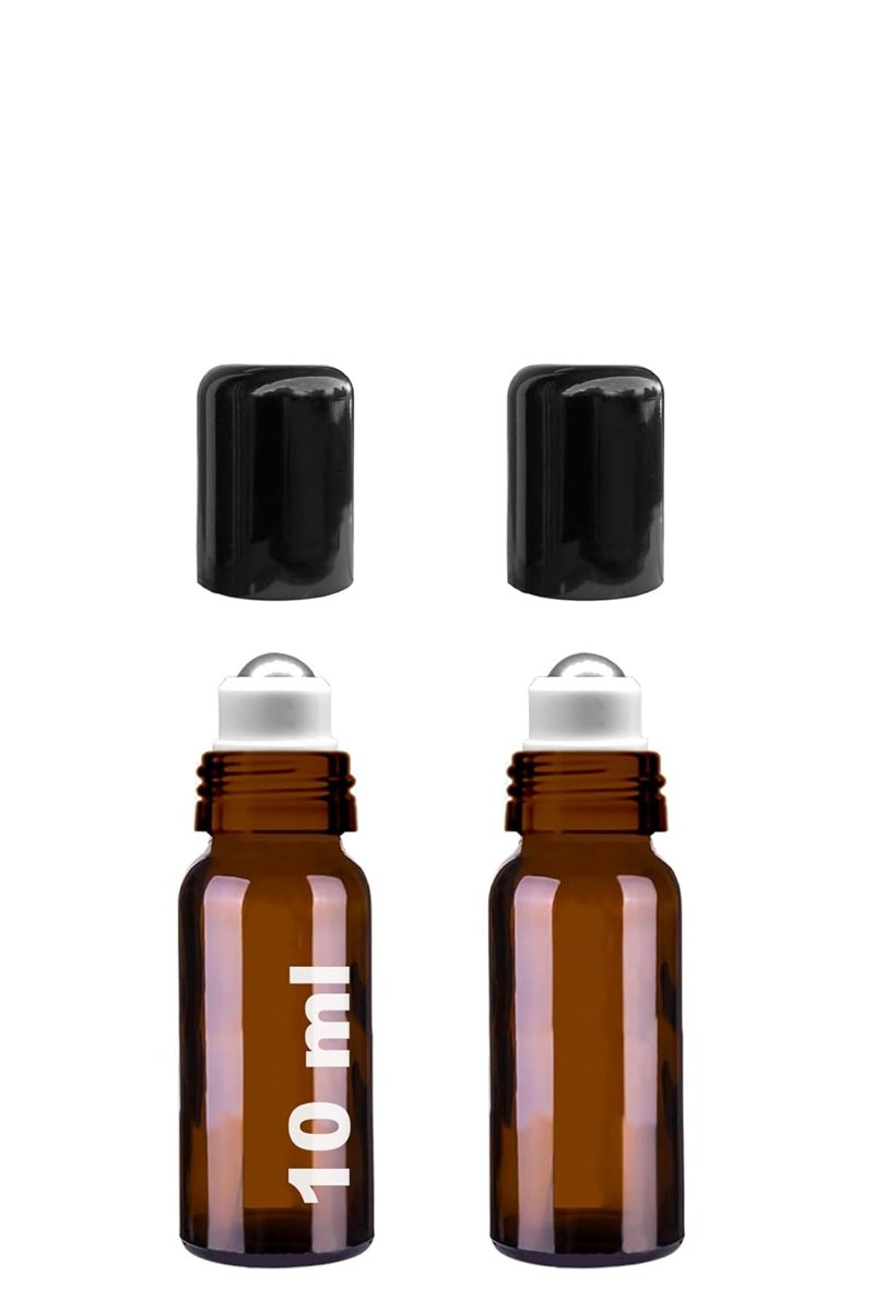Afracam 10 ml Çelik Roll On Şişesi 10 cc Sızdırmaz Siyah Kapaklı Cam Şişe 2 Adet (Amber, 10)