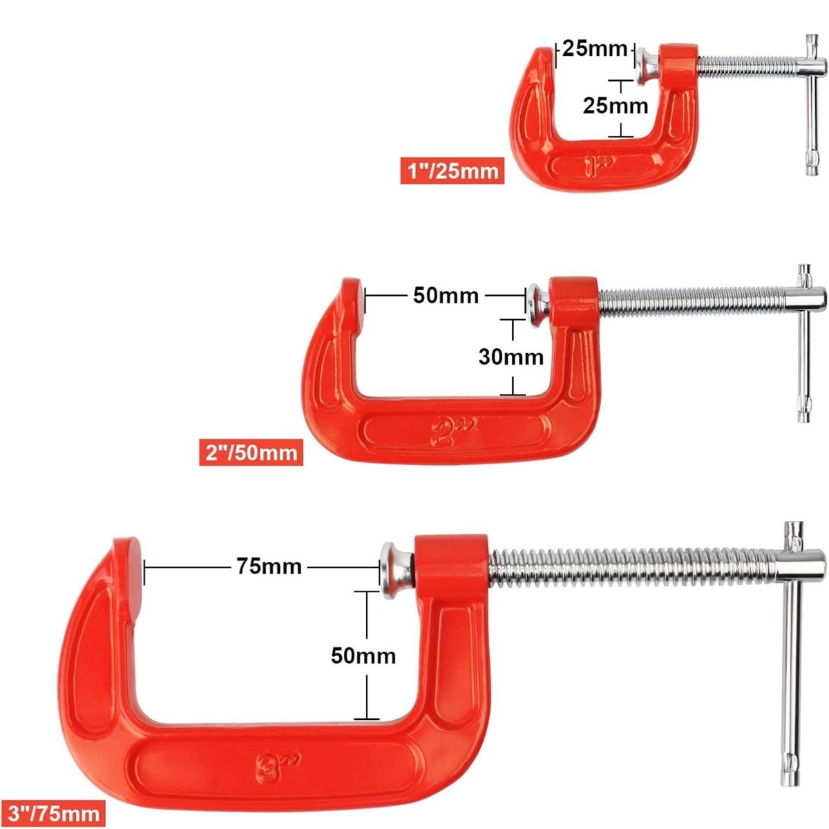 AEE® 3’lü Mini C Tipi İşkence Mengenesi Seti – 25 mm, 50 mm, 75 mm | Karbon Çelik Gövde, Döküm Metal Sıkıştırma Aparatı | Ahşap, Metal, Hobi ve Atölye Kullanımı İçin