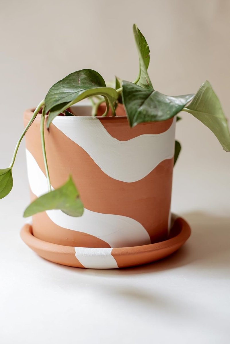 Terracotta Silindir Saksı+Tabak • Bohem Beyaz (Küçük)