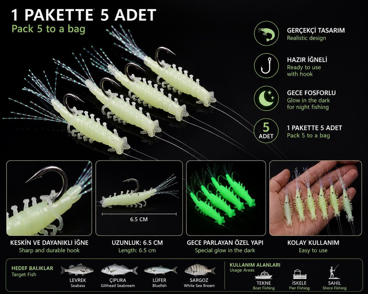 Valkyrie Fosforlu Silikon Karides Yem 5’li İğne x 5 Paket Hazır İğneli Gece Parlayan LRF Olta Yemi