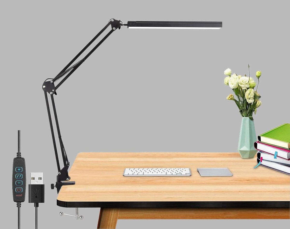 Coverzone Dekoratif Led Masa Lambası SY040 USB Kablolu Kademeli 3 Eklemli LED Masa Lambası, Kıskaçlı Model Çalışma Masası Lambası Kitap Okuma için Işık (SY040 - Siyah)