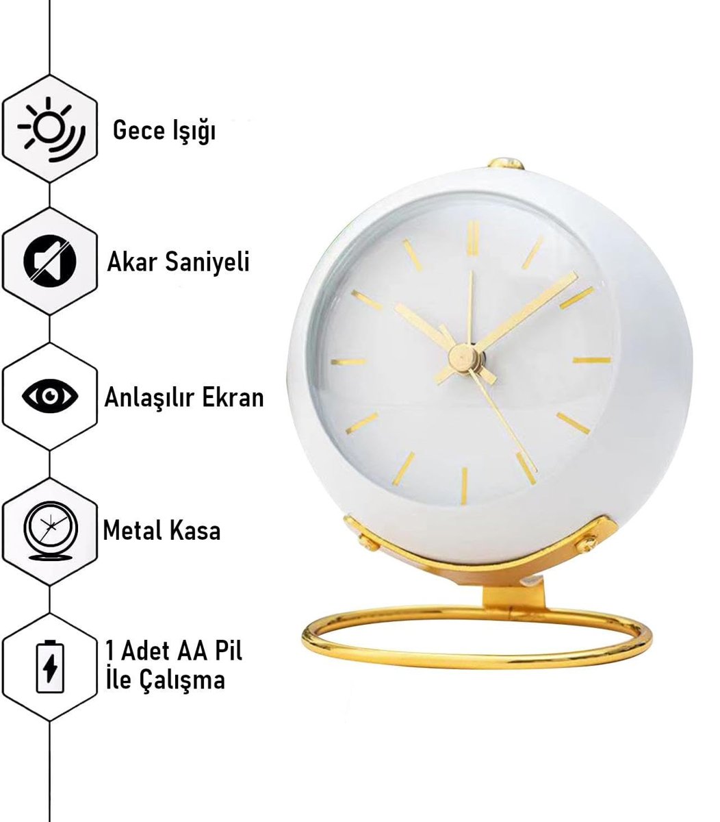 Valkyrie Akar Saniyeli Işıklı Metal Gold Dijital Masa Saati Alarmlı Beyaz