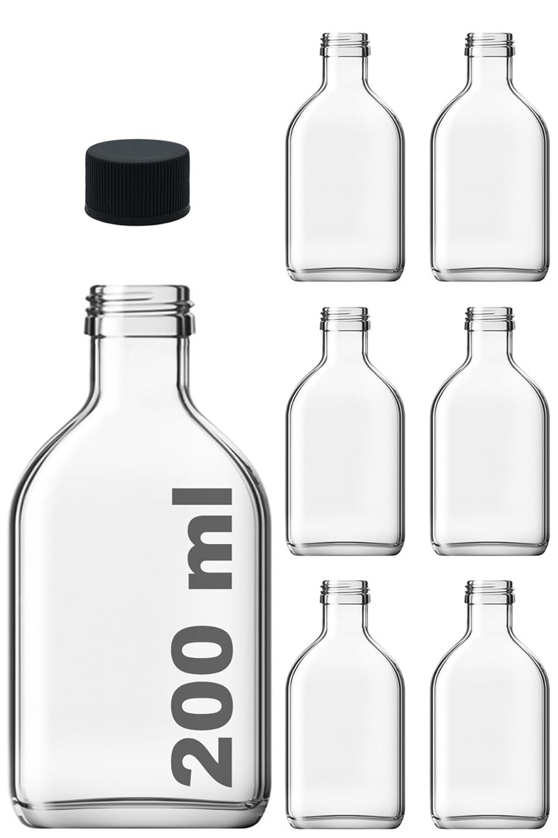 Afracam 200 cc Kapaklı Cold Brew Şişesi 200 ml Yassı Soğuk Kahve Cam Şişe 6 Adet (Siyah (Plastik))