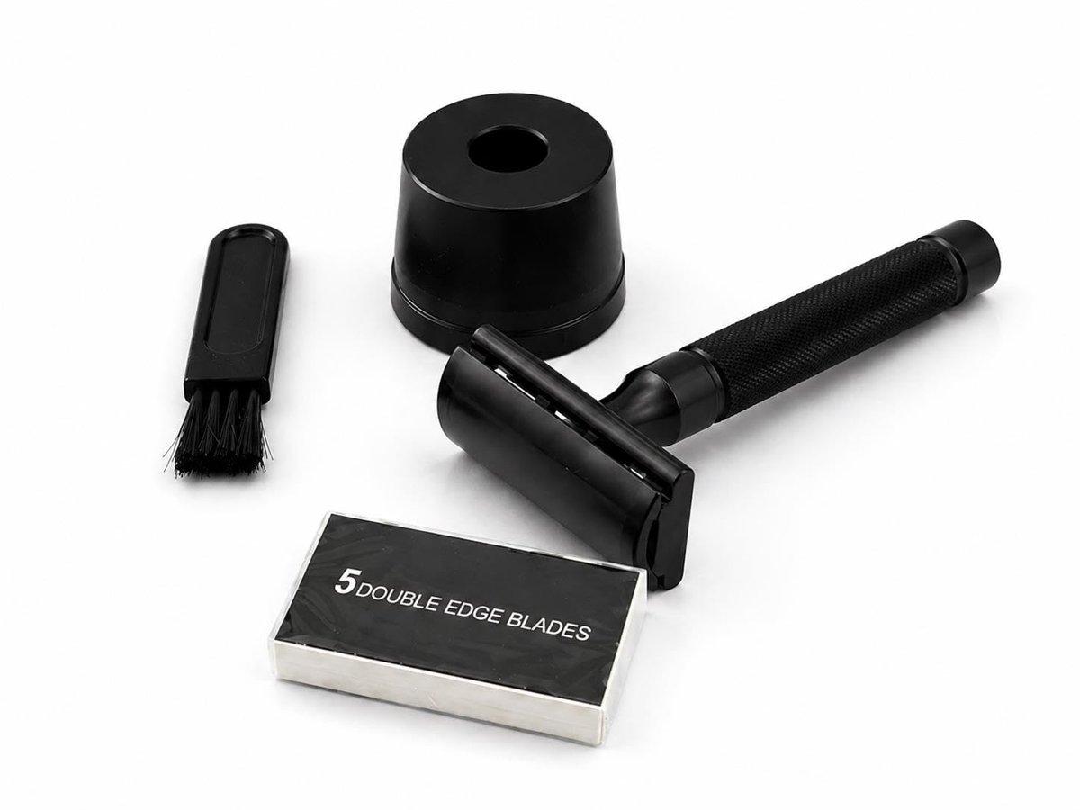 Valkyrie Siyah Metal Tıraş Seti – Double Edge Klasik Tıraş Aleti + Yedek Jilet + Fırça + Stand