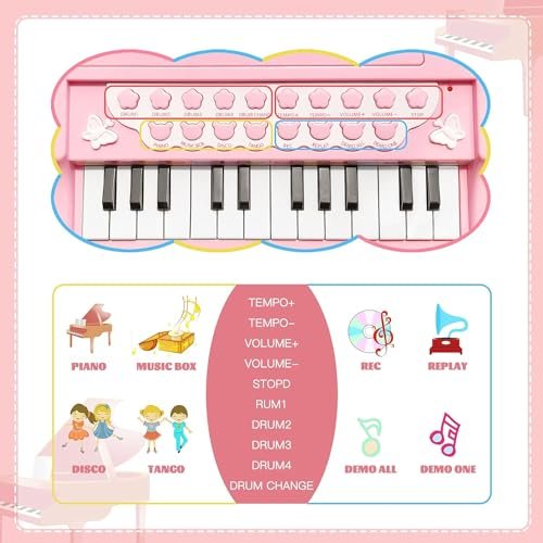 LoveMini Çocuklar için piyano oyuncak klavye doğum günü hediyesi yaş 1+pembe 24 tuşları yürümeye başlayan piyano müzik oyuncak aletleri mikrofon ile