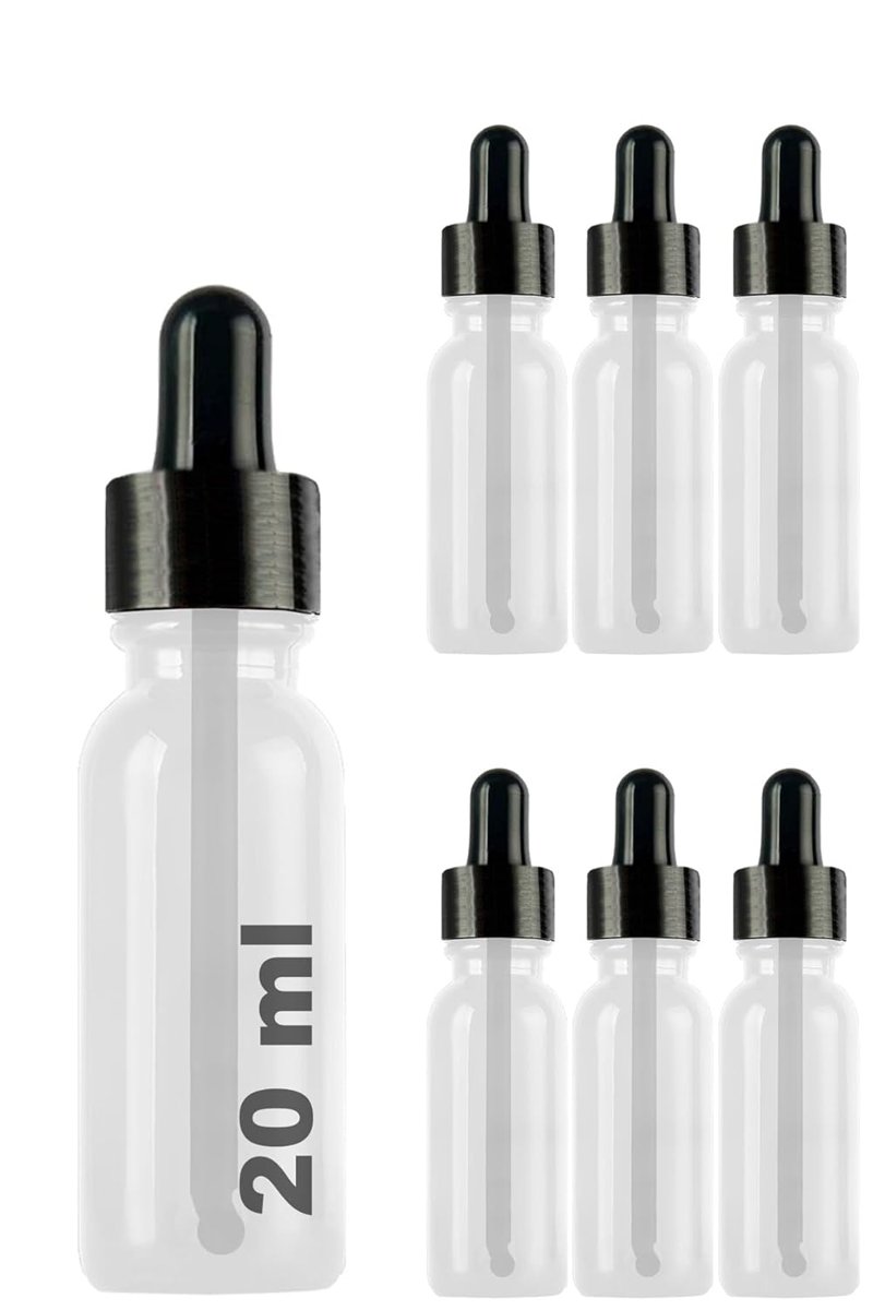 Afracam 20 ml Metal Kapaklı Damlalık Dropper Şişesi Serum 20 cc Cam Şişe 6 Adet (Siyah Kapak, Şeffaf