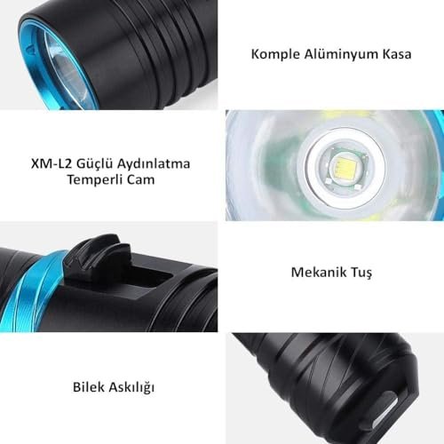 Valkyrie Profesyonel Şarjlı Su Altı Dalış Feneri Metal Kasa Yüksek Aydınlatma Su Geçirmez 2000mAh Kutulu