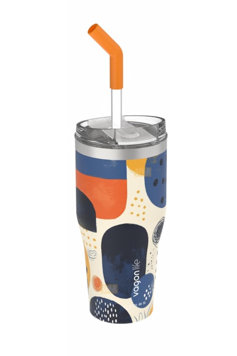 Vagonlife 590ml Desenli Pipetli/Pipetsiz Çift Kullanım Tumbler Kahve Bardağı/Mug Paslanmaz Çelik Ter